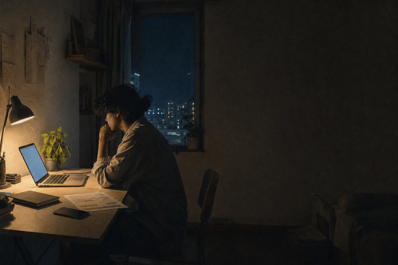 A solo founder sitting at a desk late at night after client work is complete