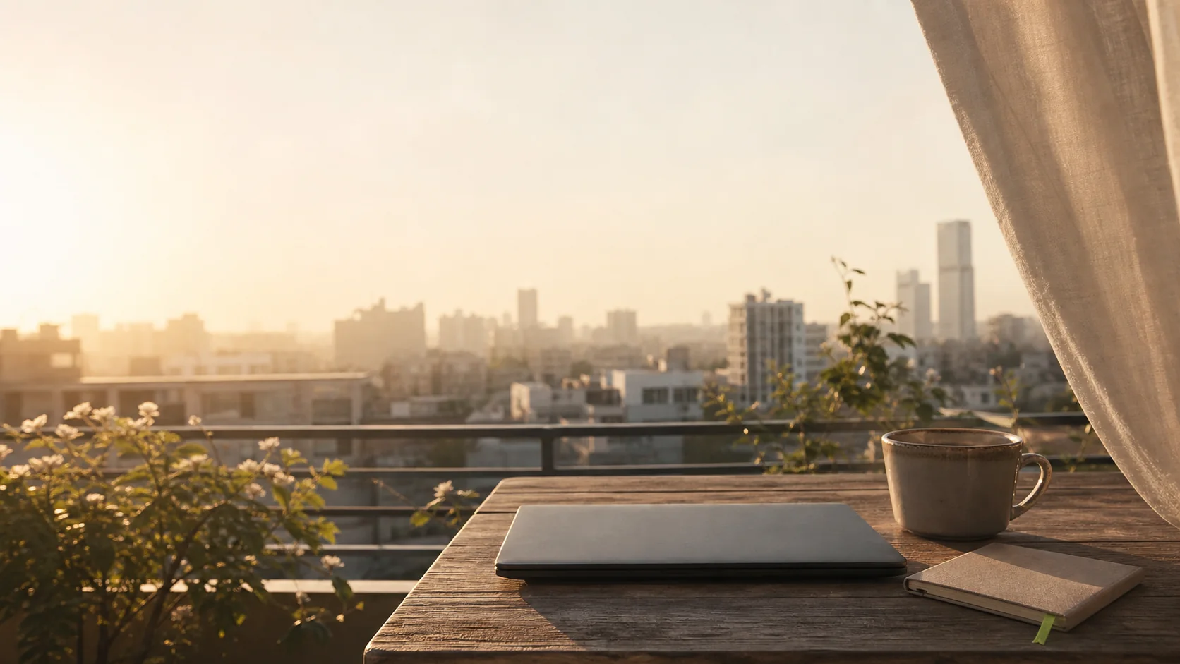 A closed laptop on a calm balcony at sunrise